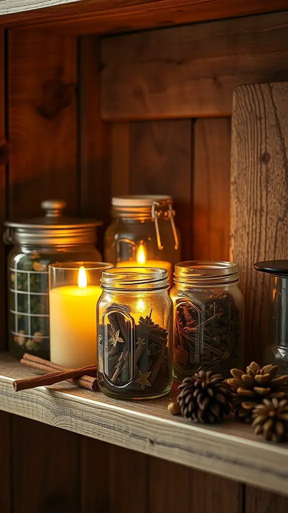 A cozy shelf with jars filled with spices and candles, creating a warm autumn atmosphere.