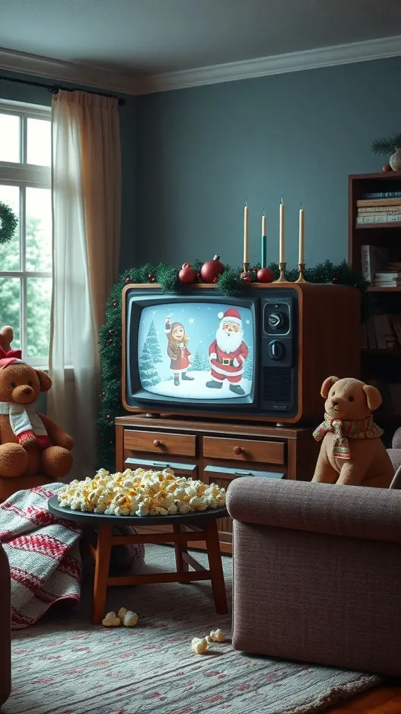 A cozy living room with a vintage TV showing a Christmas special, surrounded by teddy bears and festive decorations.