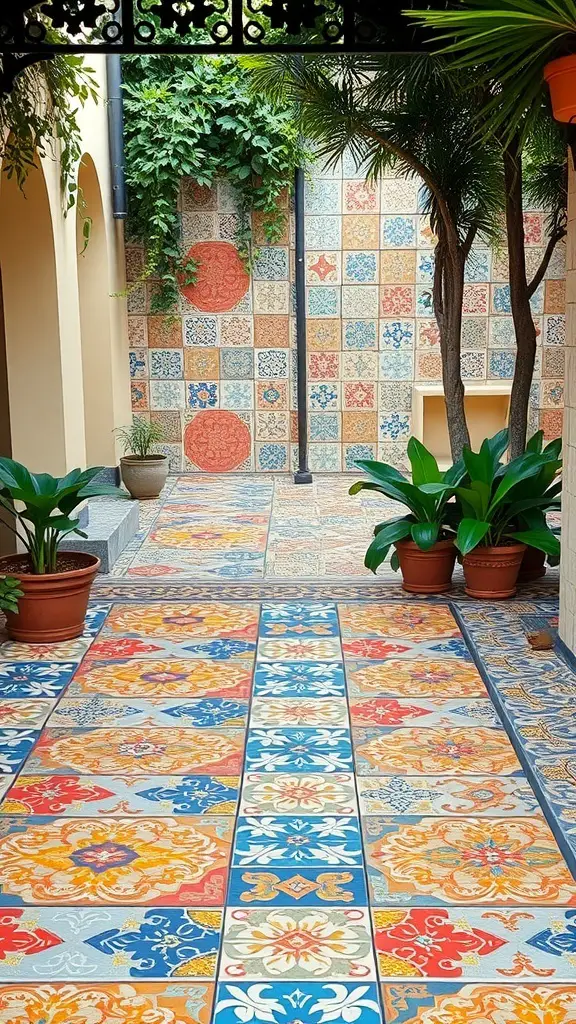 27+ Inspiring Italian Backyard Ideas for a Perfect Outdoor Retreat 11 A vibrant backyard with colorful Italian tiles and potted plants