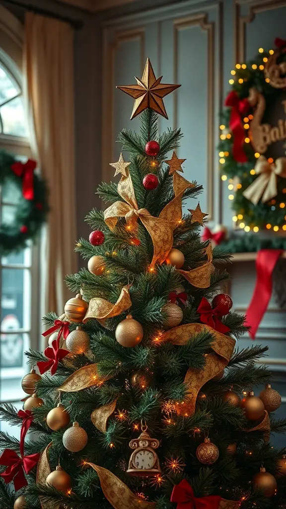 A beautifully decorated Christmas tree with a star topper, gold and red ornaments, and ribbons.