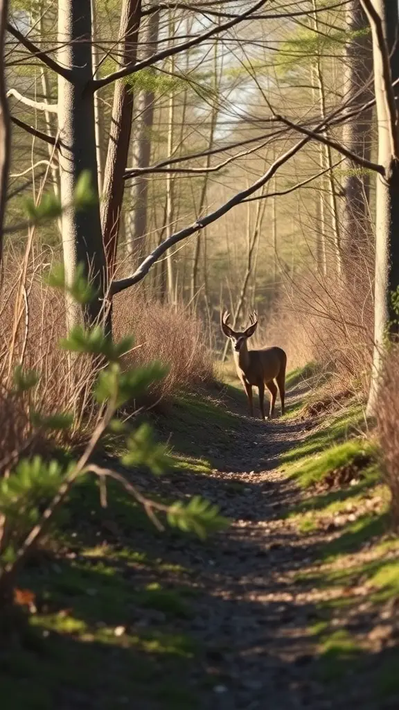 A deer standing on a woodland path surrounded by trees and greenery.