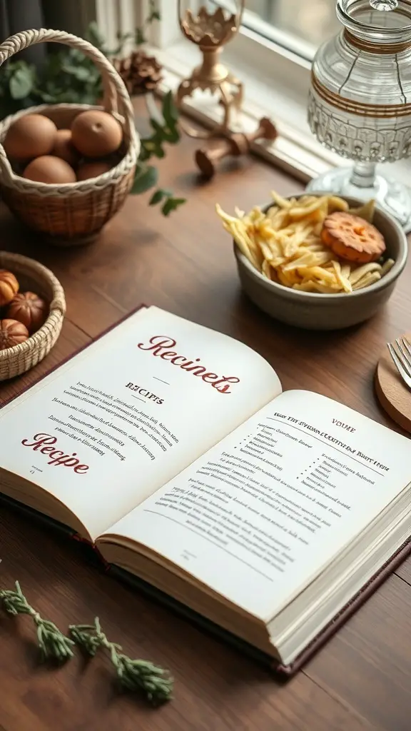 27+ Unique Wedding Gifts for Every Couple 12 A personalized recipe book open on a wooden table with ingredients and food items around it.
