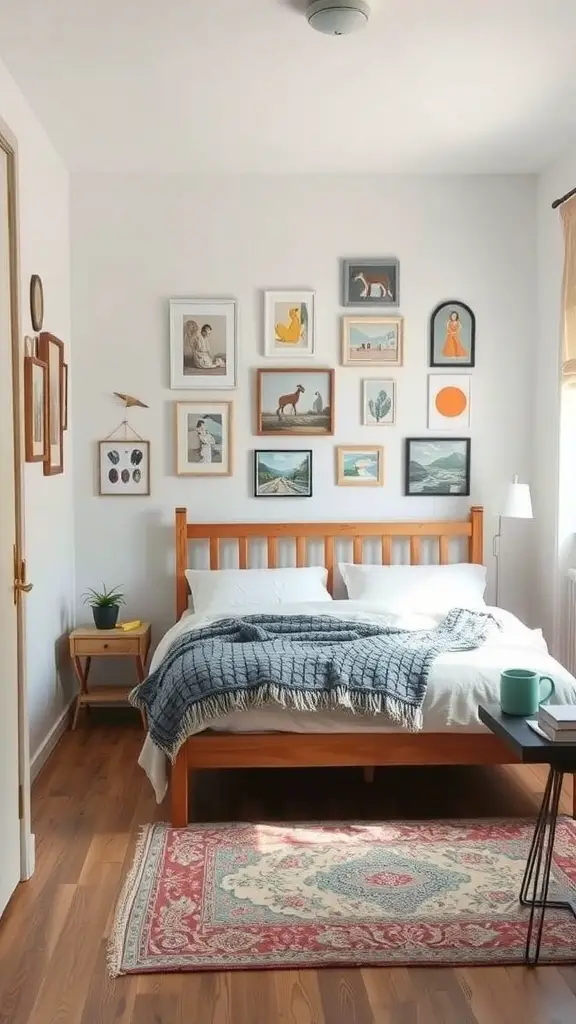 25+ Adorable Small Bedroom Ideas for a Cozy Retreat 9 A cozy small bedroom featuring a whimsical wall art display above the bed, showcasing various framed artworks.