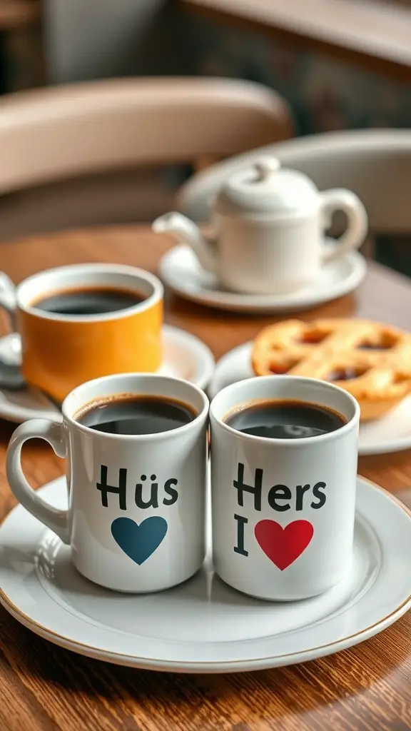 27 Thoughtful Engagement Gifts Your Friends Will Love 12 Two matching mugs with 'Hüs' and 'Hers' printed on them, placed on a plate with coffee and a waffle in the background.