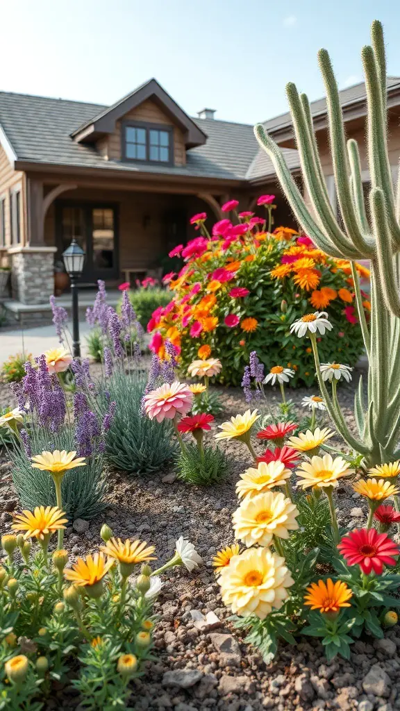 Colorful flower bed with daisies, gerbera daisies, and lavender in front of a house