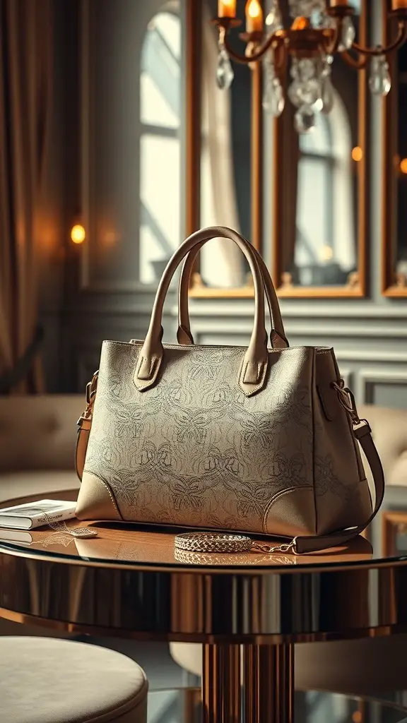 A luxury beige handbag on a polished table with elegant decor in the background.