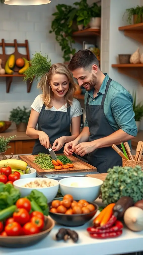 21+ Thoughtful Anniversary Gifts for Parents Celebrating 10 Two people cooking together in a bright kitchen with fresh ingredients.