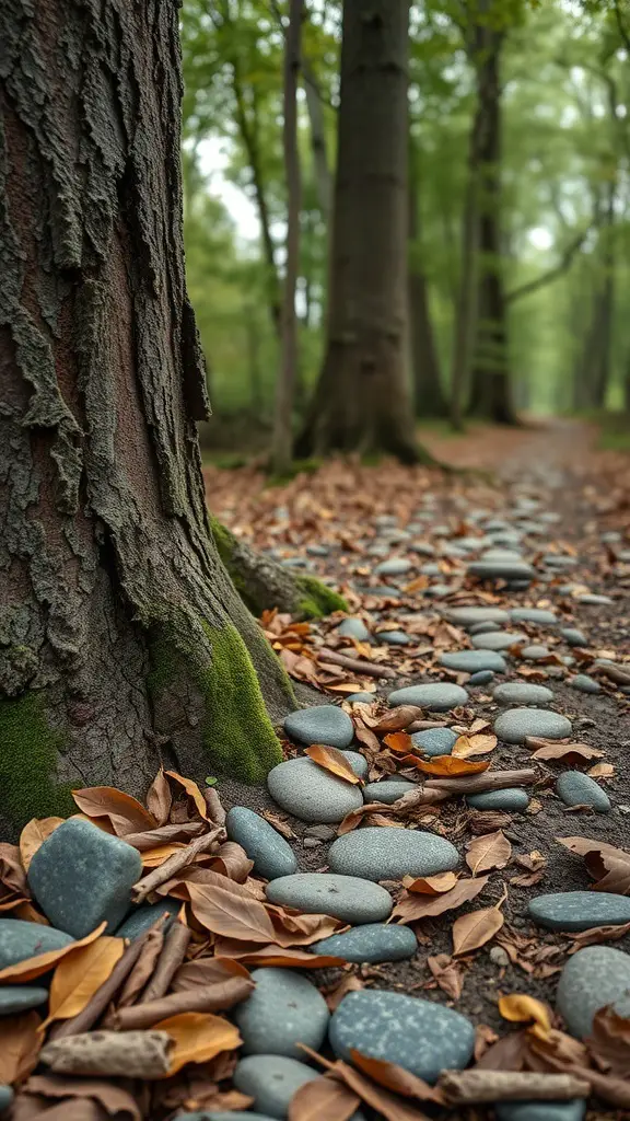 Woodland path with tree bark, stones, and fallen leaves