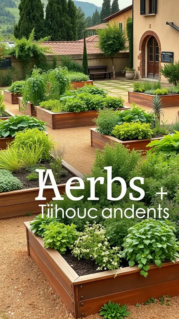 29+ Inspiring Tuscan Garden Ideas for Your Outdoor Oasis 16 A beautiful herb garden with raised wooden beds filled with various herbs.
