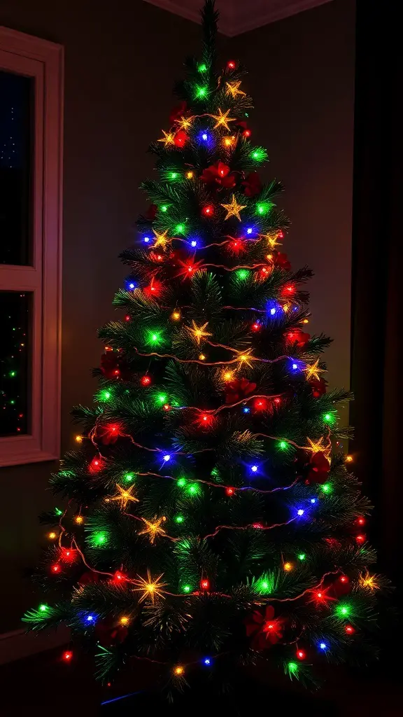 A beautifully lit green velvet Christmas tree adorned with colorful lights and star ornaments.