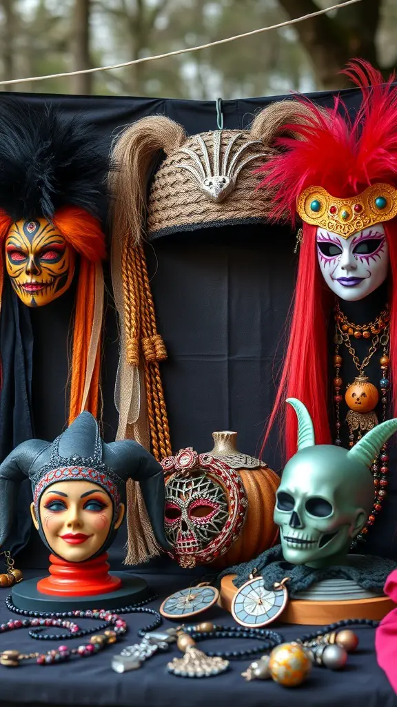 A display of colorful Halloween costume accessories including masks, hats, skulls, and jewelry.