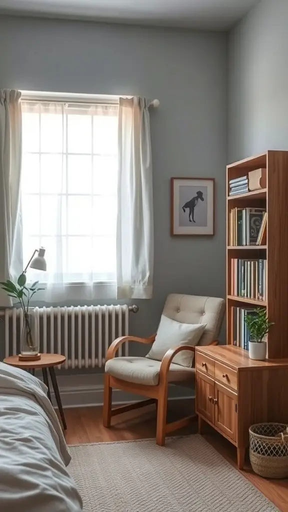 35+ Cozy Tiny Bedroom Ideas for Couples: Maximize Your Space Together 16 Cozy reading nook in a tiny bedroom with a chair, side table, and bookshelf.