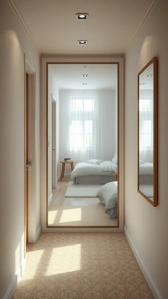 23+ Creative Small Long Bedroom Ideas for Stylish Spaces 4 A hallway with two mirrors leading to a bedroom, enhancing the sense of space and light.