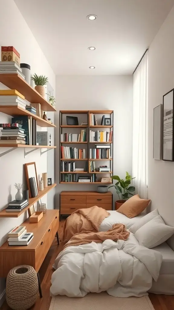 23+ Creative Small Long Bedroom Ideas for Stylish Spaces 9 A small long bedroom with shelves for maximizing vertical space, featuring books, plants, and a cozy bed.