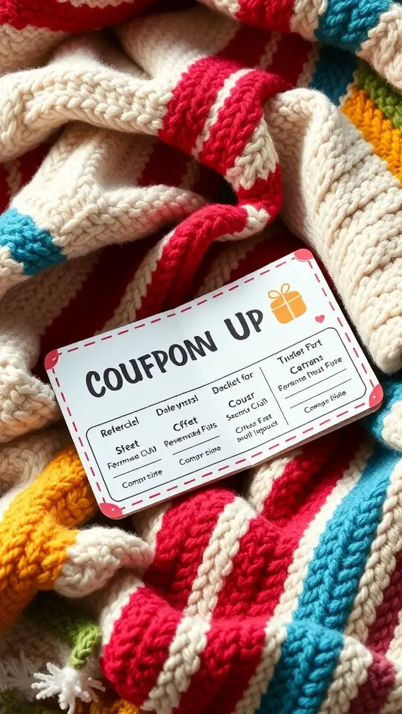 23+ Thoughtful Homemade Gift Ideas for Your Boyfriend 9 A colorful handmade coupon card on a cozy blanket