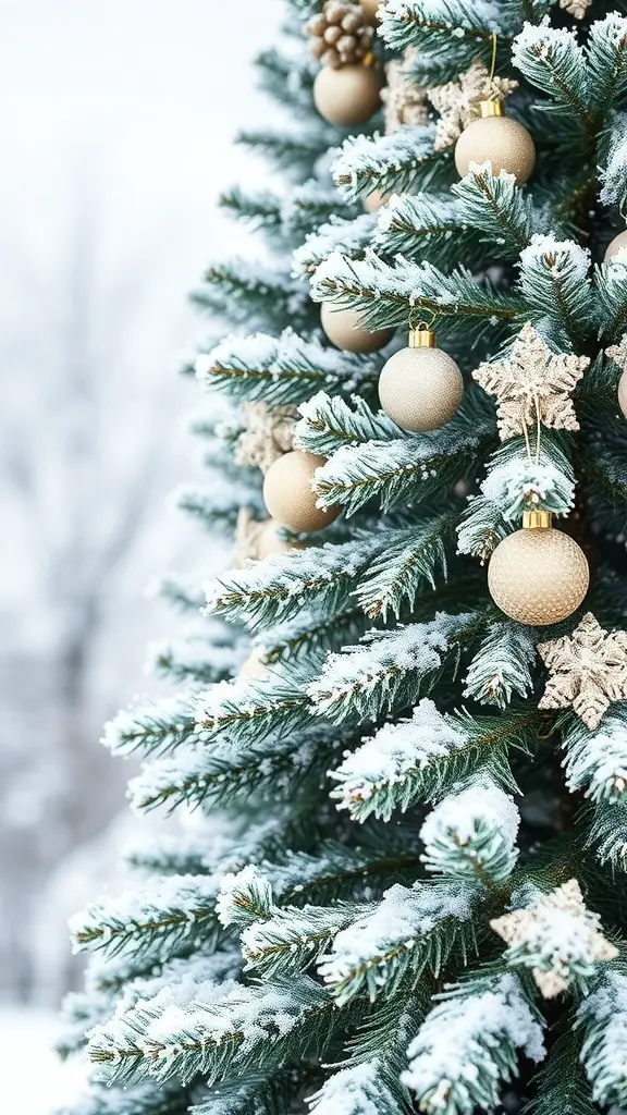 A sage green Christmas tree decorated with golden ornaments and snowy accents.