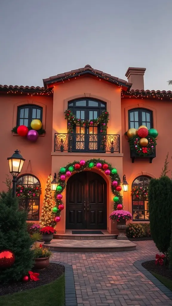A Mediterranean mansion decorated for Christmas with colorful ornaments and lights.