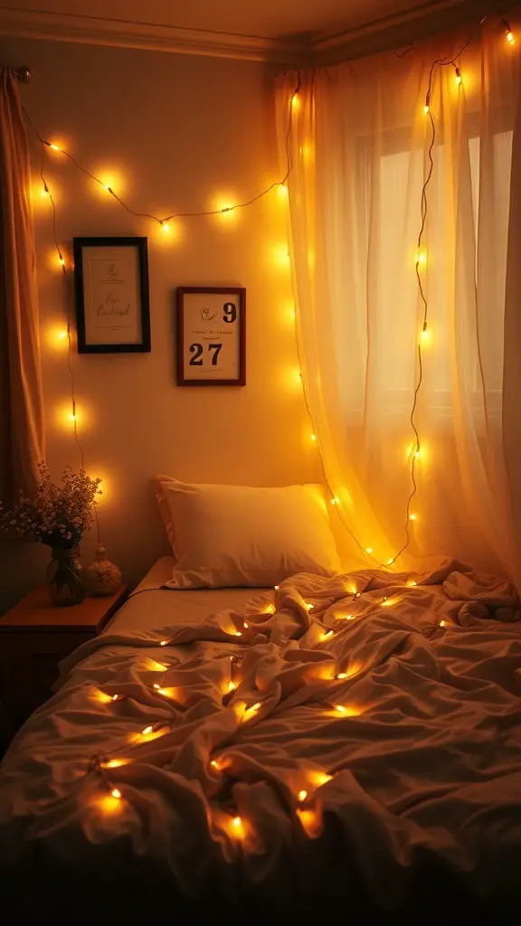 A small bedroom with fairy lights draped around the window and bed, creating a warm and inviting atmosphere.