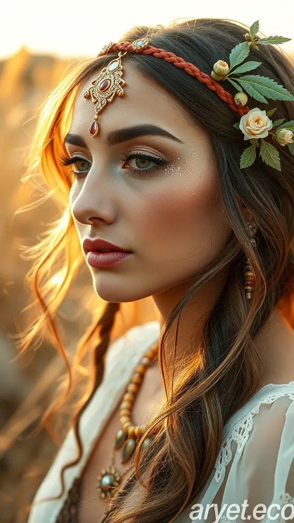 A woman with bohemian-inspired makeup, featuring a floral headpiece and natural glow.