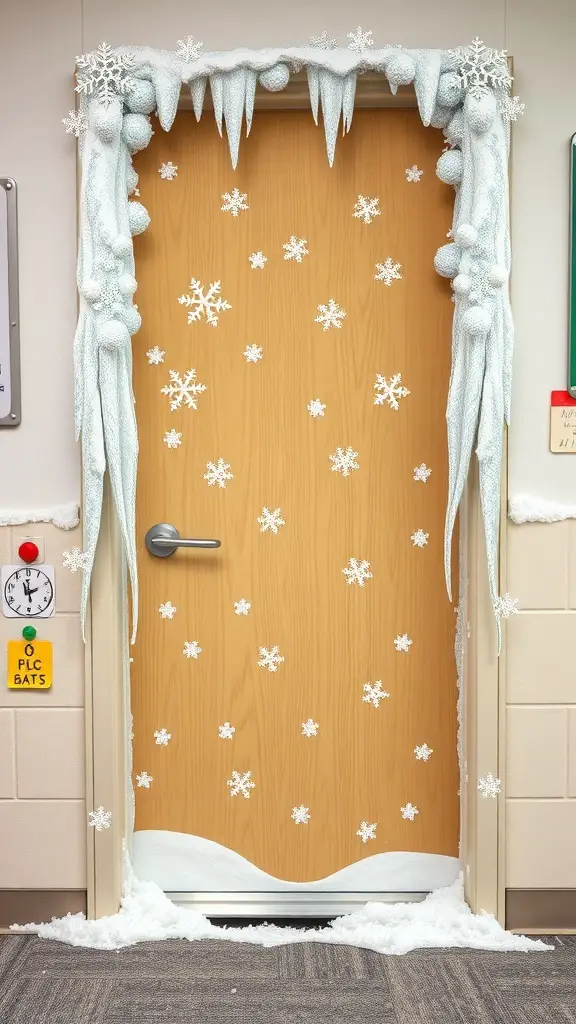 Classroom door decorated in a winter wonderland theme with snowflakes and icicles.