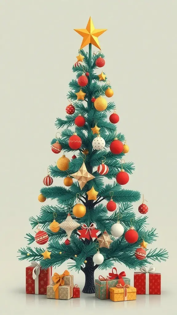 A beautifully decorated Christmas tree with artistic and abstract design elements.