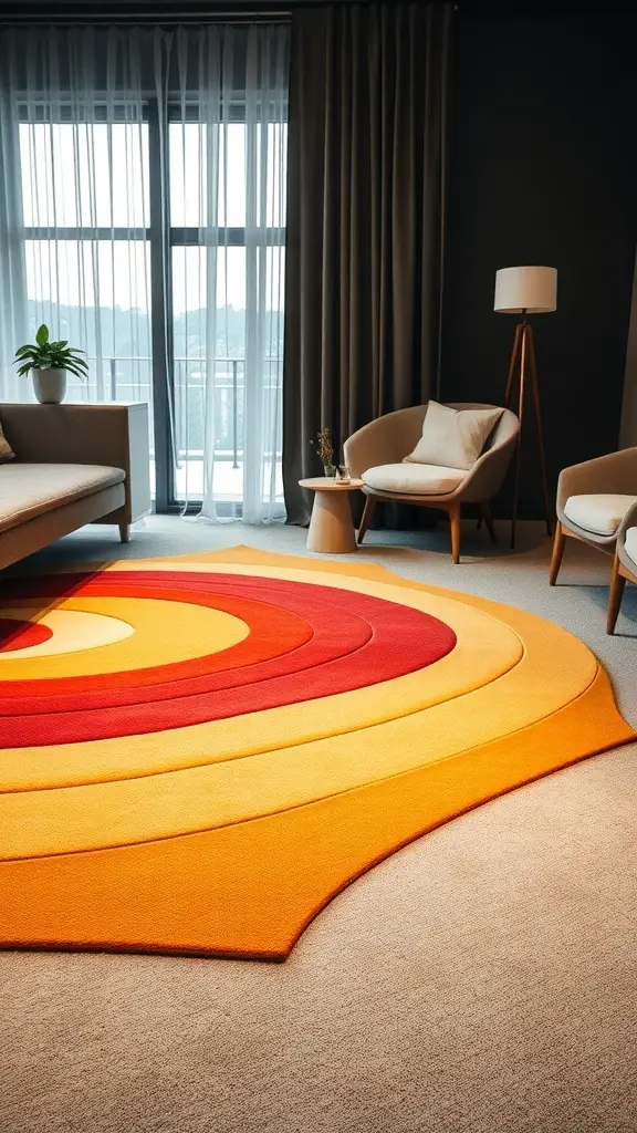25+ Stunning Geometric Rug Designs for Your Home 5 A vibrant wave-patterned rug in shades of red, orange, and yellow, placed in a modern living room setting.