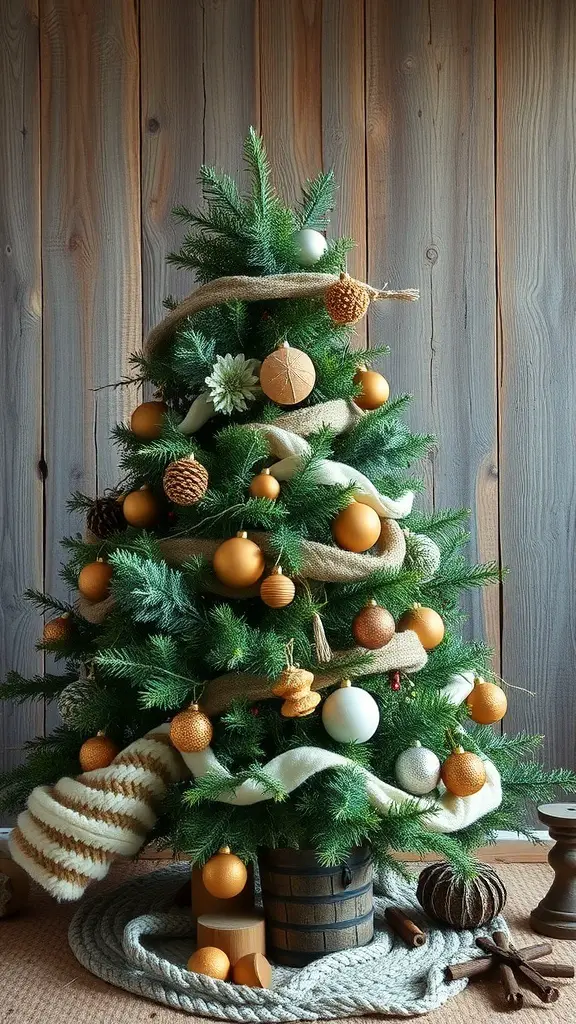 A beautifully decorated woodsy Christmas tree with gold and white ornaments, burlap ribbon, and natural elements like pinecones.