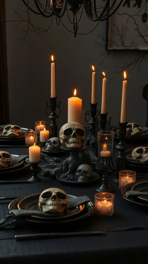 A spooky table setting featuring skull accents, candles, and dark decor.