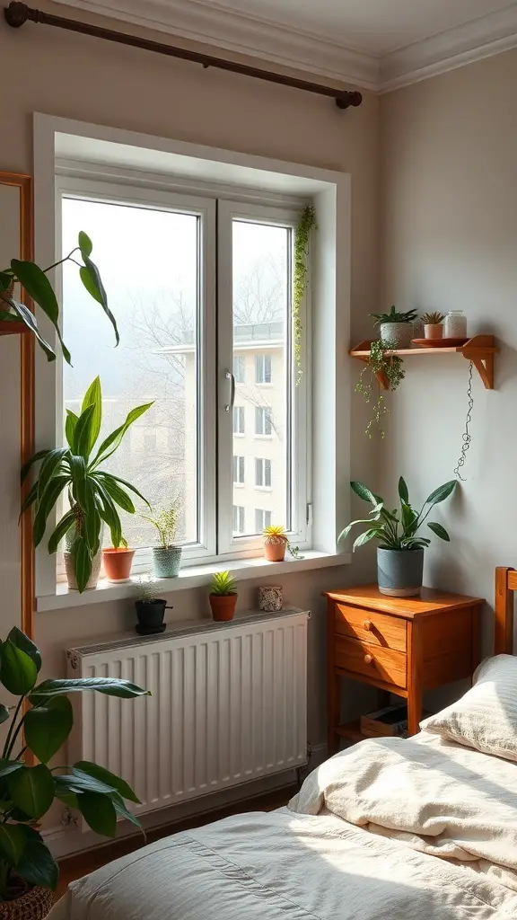 29+ Extra Small Bedroom Ideas to Maximize Space and Style 16 A cozy bedroom with various plants on the windowsill and shelf, showcasing a fresh and lively atmosphere.