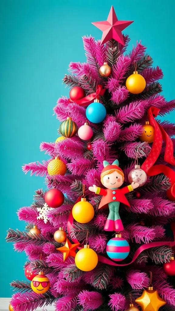 A vibrant pink Christmas tree decorated with colorful ornaments and a star on top, set against a turquoise background.