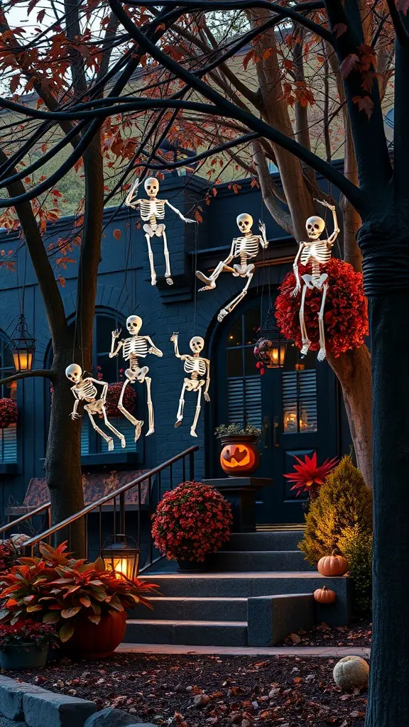 A garden decorated with hanging skeletons, pumpkins, and colorful flowers