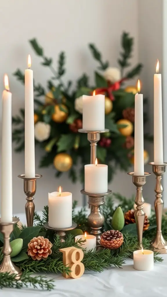 Sophisticated candle display with white candles in metallic holders, surrounded by greenery and festive decorations.