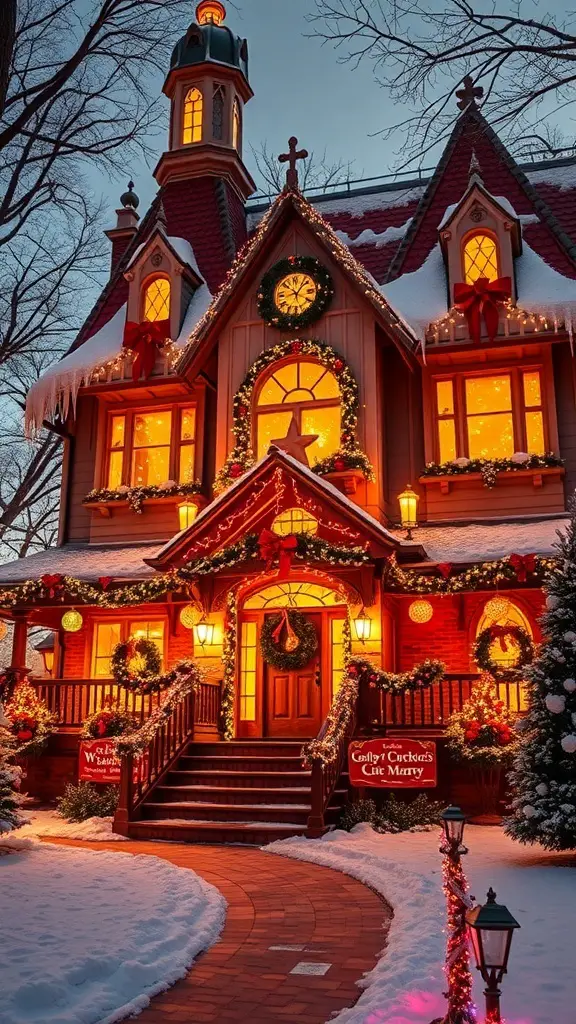 A whimsical mansion decorated for Christmas with lights, wreaths, and snow.