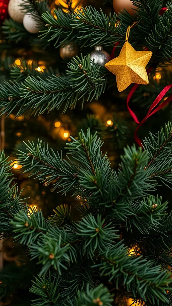 Close-up of a Christmas tree with gold star ornament and cream-colored decorations