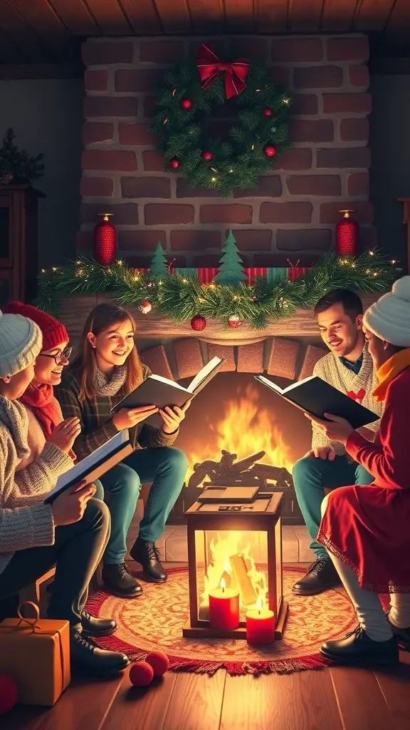 A group of people singing Christmas carols by a fireplace, surrounded by festive decorations.