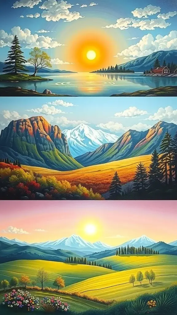 29+ Inspiring Acrylic Painting Ideas to Spark Your Creativity 12 Acrylic painting showcasing seasonal changes in nature with summer, autumn, and winter landscapes.
