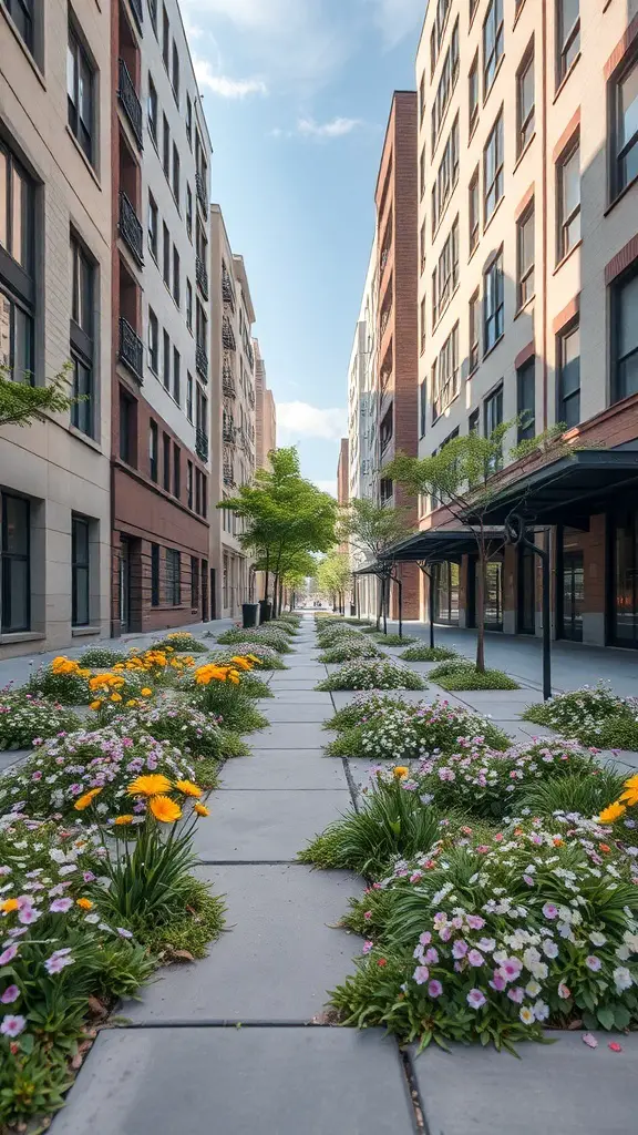 27+ Stunning Wildflower Landscaping Ideas for Your Garden 12 A vibrant urban pathway lined with wildflowers and modern buildings.