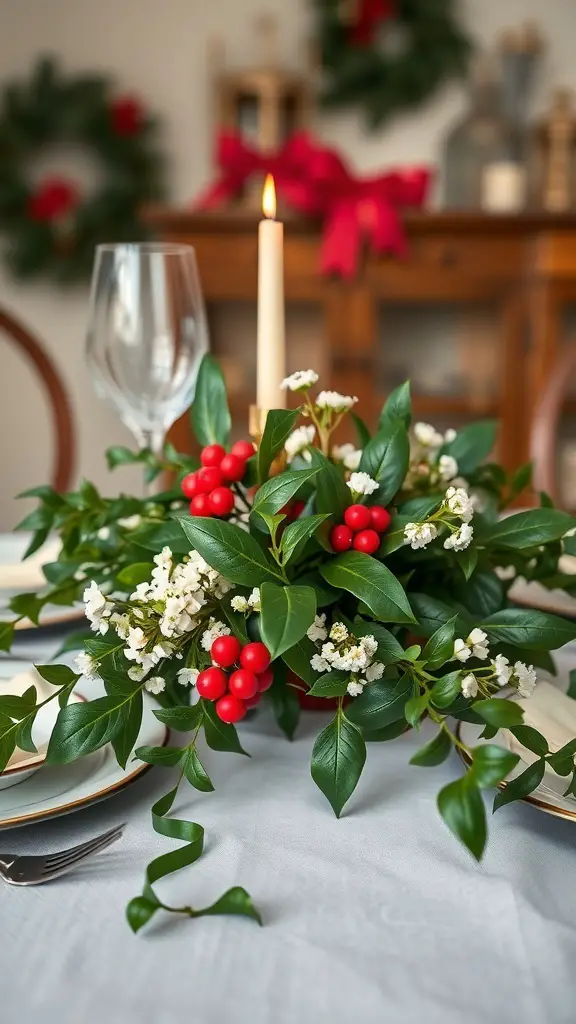 A festive table centerpiece featuring holly and ivy with red berries and a candle, set for a Christmas wedding.
