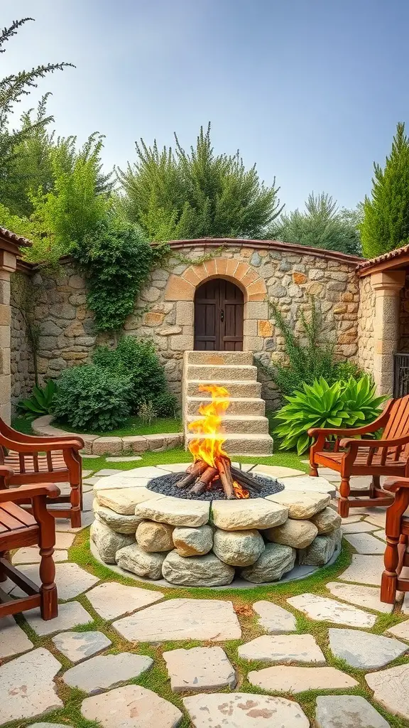 27+ Stunning Greek Garden Ideas for a Mediterranean Oasis 16 A rustic stone fire pit surrounded by wooden chairs and lush greenery.