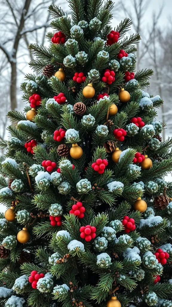 A Christmas tree decorated with pine cones, red berries, and golden ornaments, set in a snowy landscape.