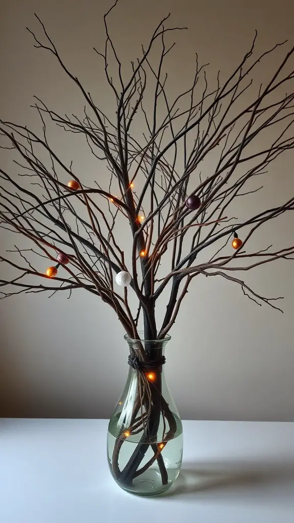A spooky tree branch arrangement in a vase with lights and ornaments.
