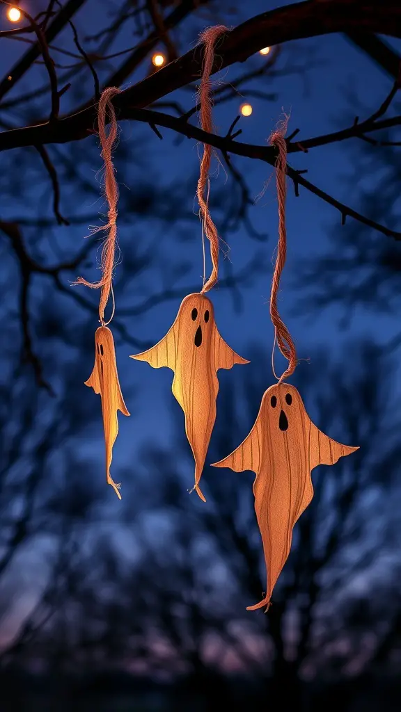 Twine-wrapped ghost decorations hanging from a tree branch at dusk