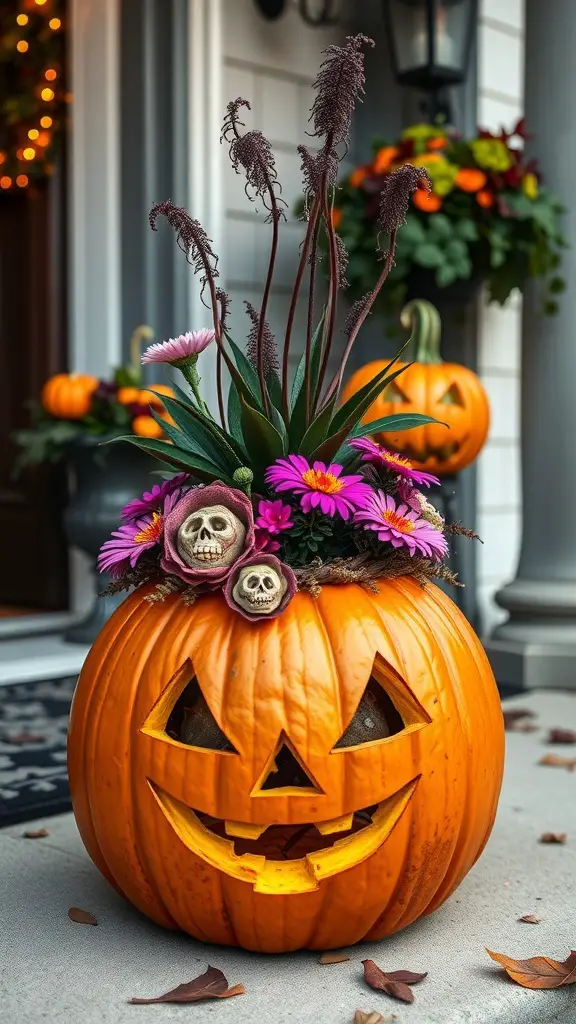A carved pumpkin planter filled with colorful flowers and skull decorations, set on a porch.