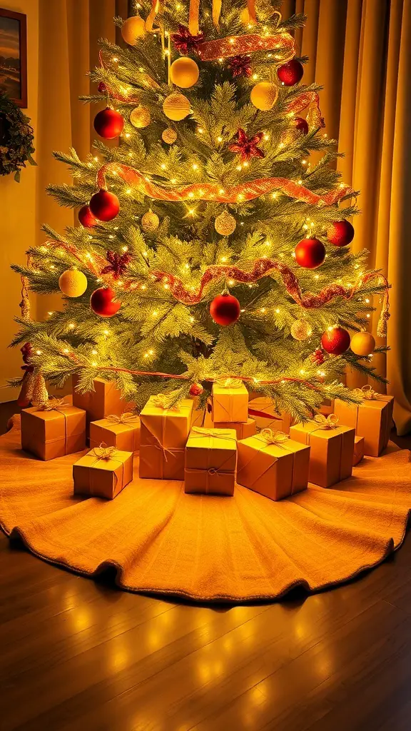 A beautifully decorated Christmas tree with a golden tree skirt and wrapped gifts underneath.