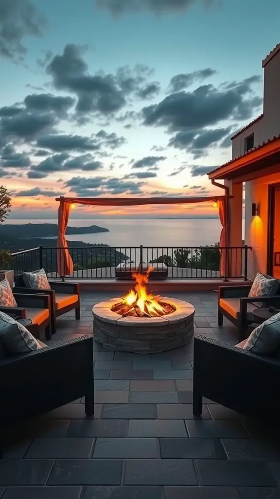 25+ Stunning Mediterranean Terrace Ideas for Your Home 9 A cozy fire pit surrounded by comfortable chairs on a Mediterranean terrace at sunset.