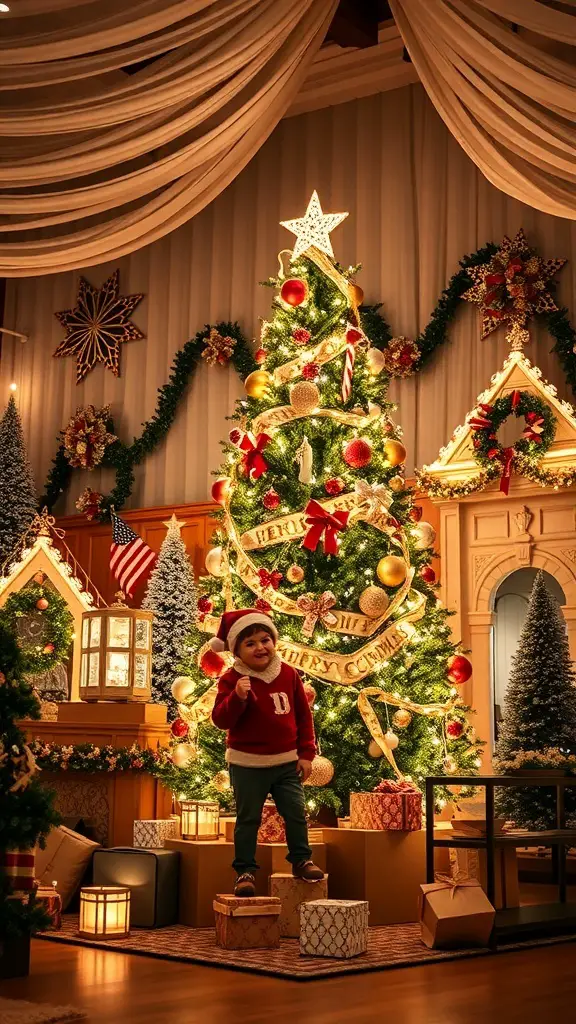 A child in a Santa hat stands in front of a beautifully decorated brown and white Christmas tree, surrounded by festive decor.