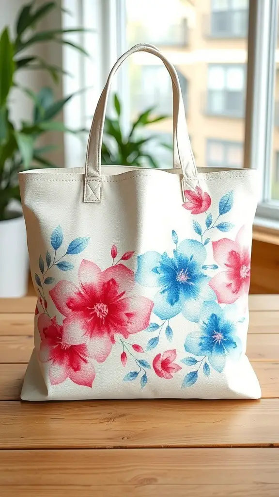 27+ Creative Tote Bag Painting Ideas You’ll Love 8 A tote bag with floral watercolor designs featuring pink and blue flowers.