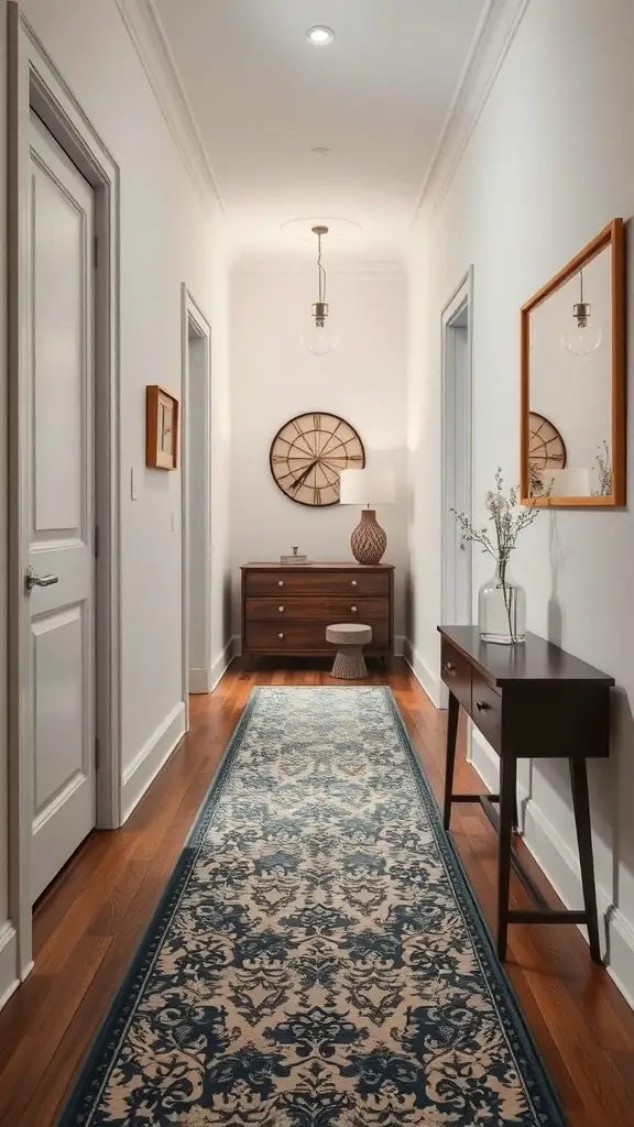 23+ Stunning Bedroom Rug Ideas to Transform Your Space 6 A narrow hallway featuring a decorative rug runner, wooden furniture, and wall decor.