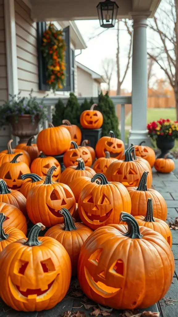 A collection of carved pumpkins on a porch, showcasing various cheerful faces and designs.