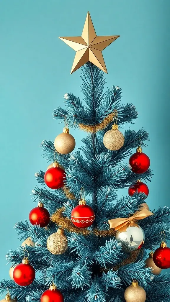 A beautifully decorated blue Christmas tree with vintage glass ornaments and a golden star on top.